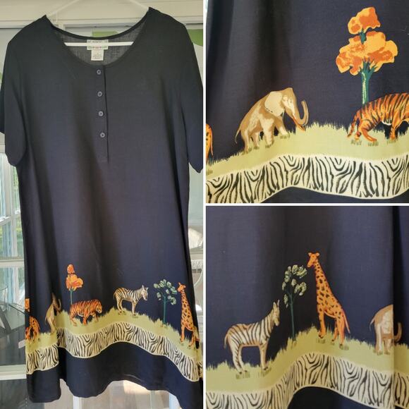 Vintage Desert Shores Dress Womens Size L Animal Zebra Giraffe Print Black Rayon - Picture 1 of 6